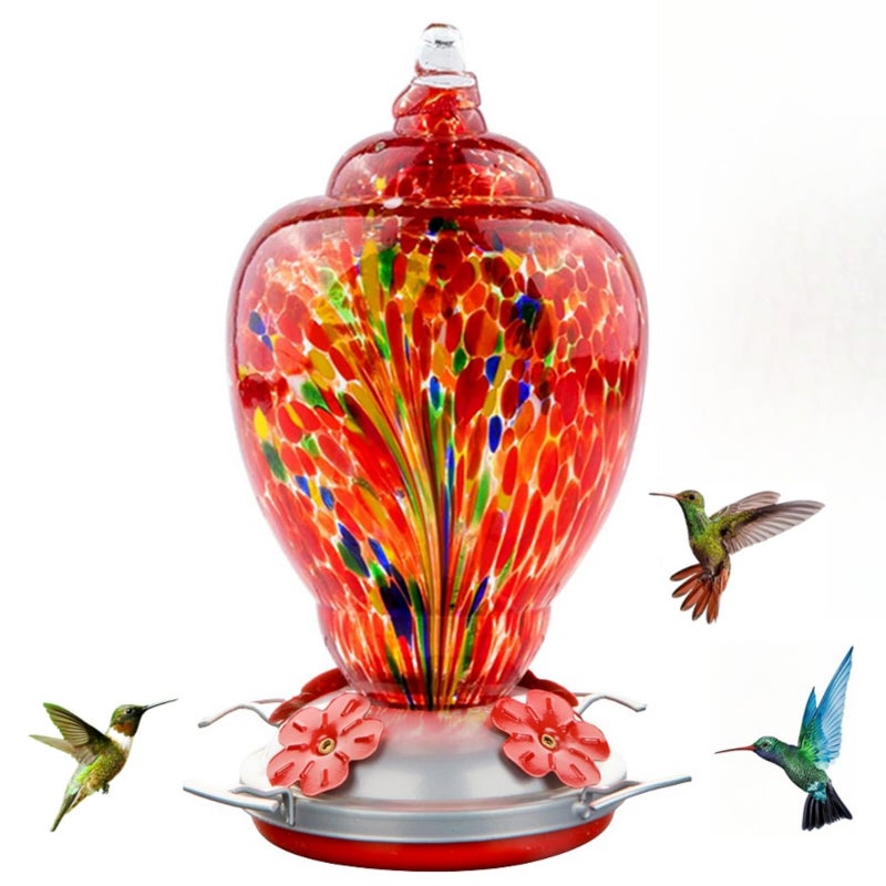 WOSIBO Hummingbird Feeder for Outdoors Patio Large 32 Ounces Colorful Hand Blown Glass Hummingbird Feeder with Ant Moat Hanging Hook, Rope, Brush and Service Card (RED-Firework) - Image 1